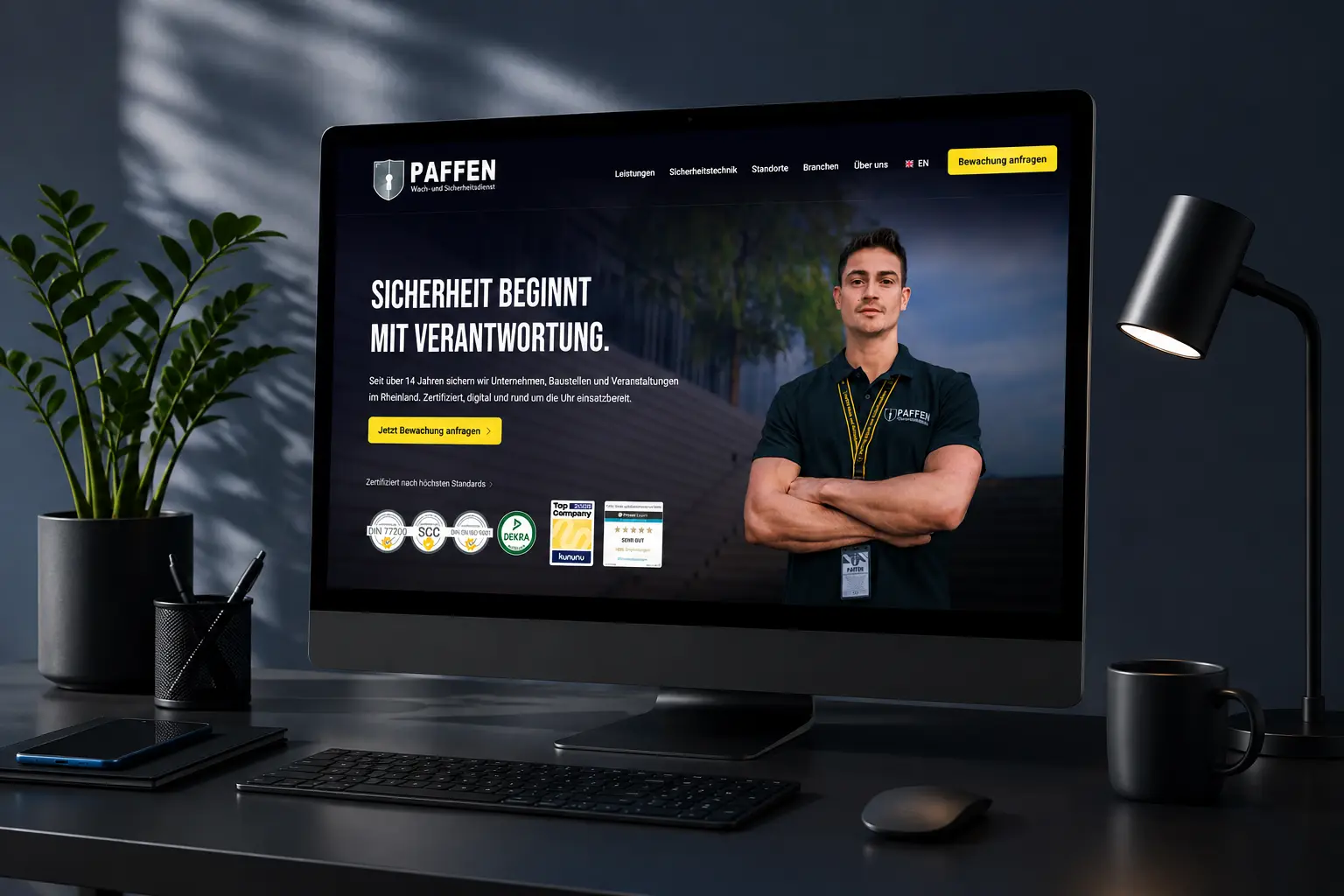 Referenz: Website für einen Wach- und Sicherheitsdienst auf einem Desktop-Monitor